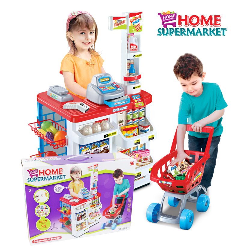 MOM2KIDS ชุดของเล่น Supermarket+เครื่องสแกน+รถเข็น