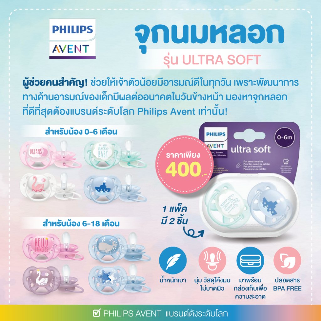 Philips AVENT จุกนมหลอก รุ่น Ultra soft แพค 2