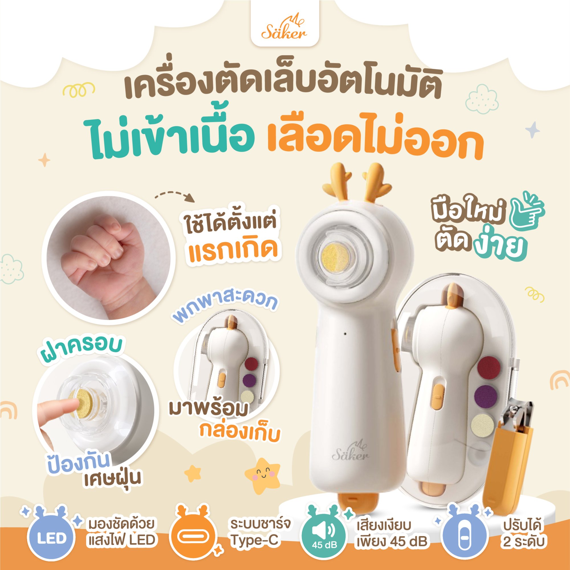 Saker ALL IN ONE BABY ELECTRIC NAIL TRIMMER เครื่องตัดเล็บอัตโนมัติสำหรับเด็กแรกเกิด ไร้เสียง มีไฟ LED ชาร์จ Type-C ปลอดภัยไม่เข้าเนื้อ 100%