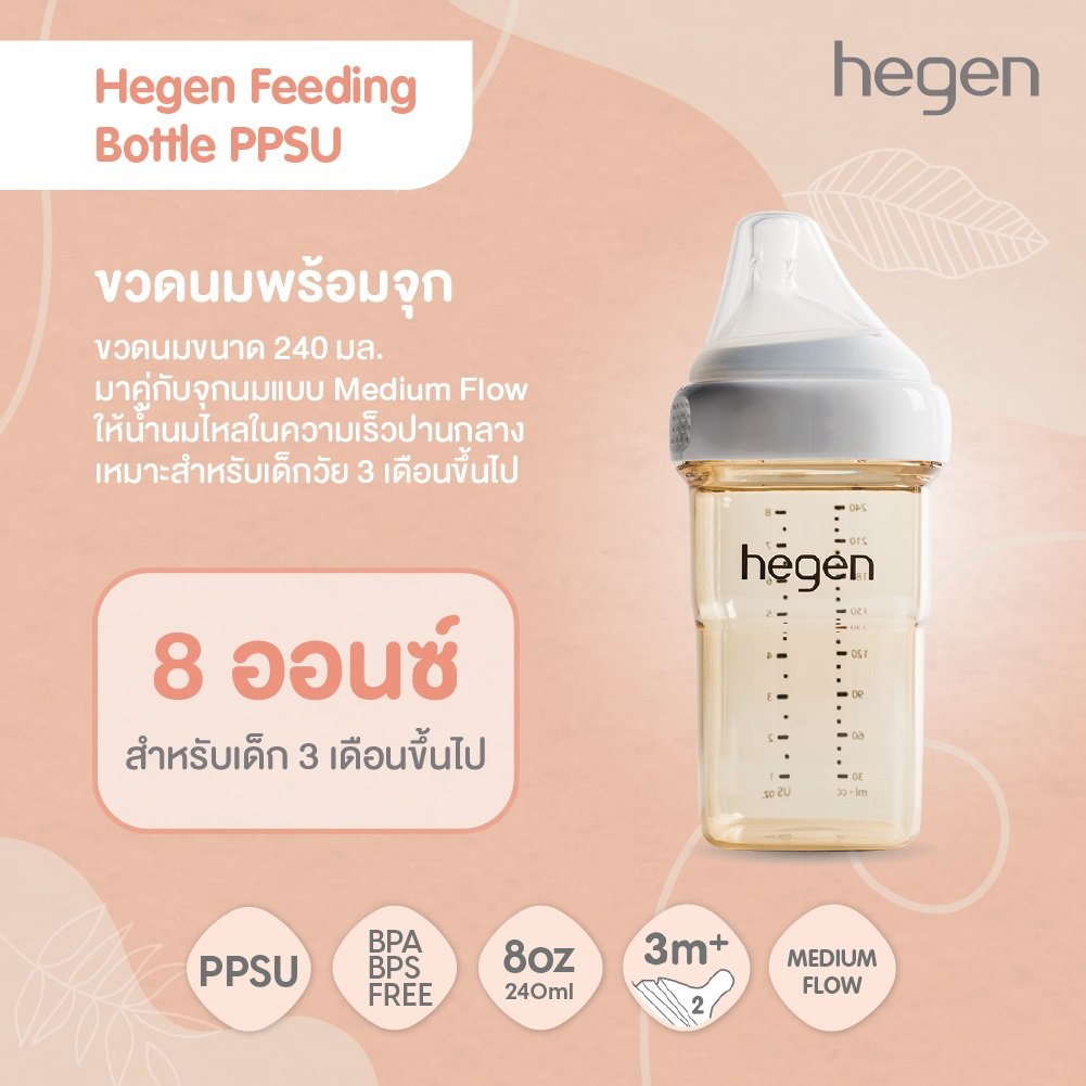 ขวดนม Hegen ขนาด 8 ออนซ์ / 240 มล. พร้อมจุกนม Medium Flow น้ำนมไหลปานกลาง