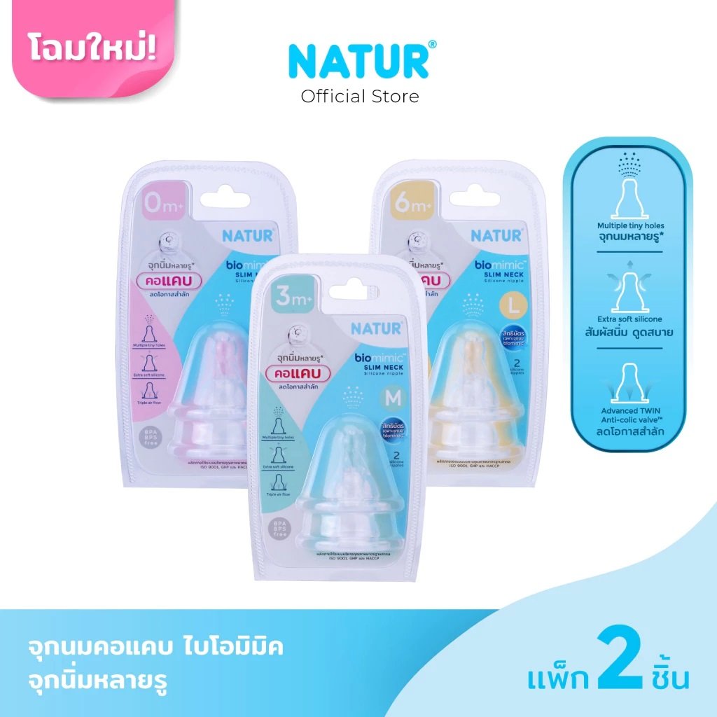 [New] NATUR เนเจอร์ จุกนมคอแคบไบโอมิมิค ไซซ์ S/M/L แพ็ก 2