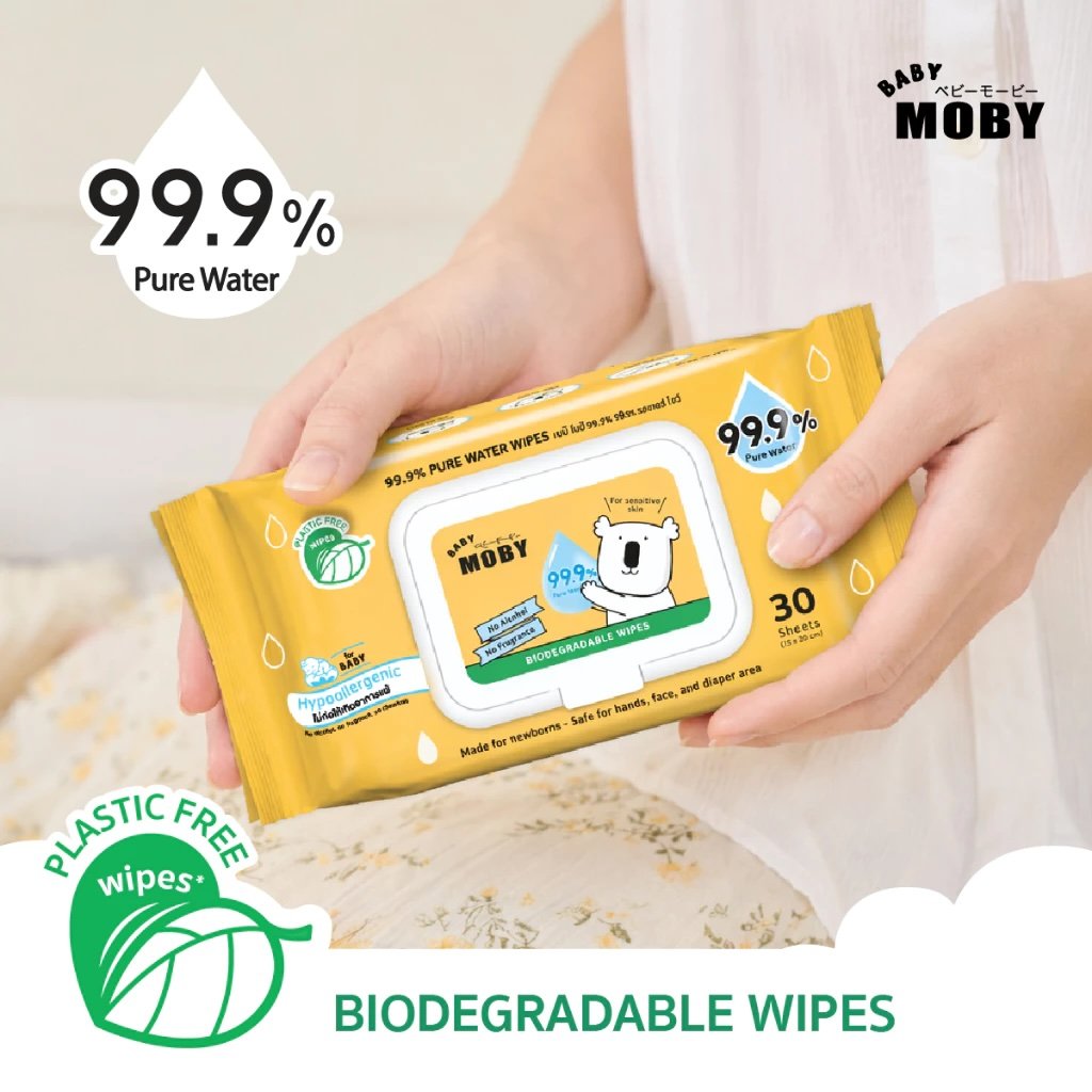 (รุ่นใหม่มีฝาเปิด-ปิด) Baby Moby ผ้าเปียกสูตรน้ำบริสุทธิ์ 99.9% (ย่อยสลายได้) ห่อ 30 แผ่น