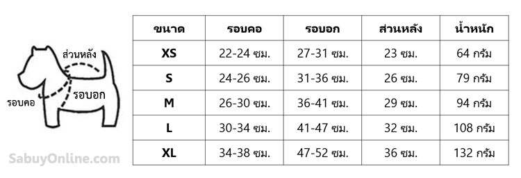 เสื้อสุนัข Size